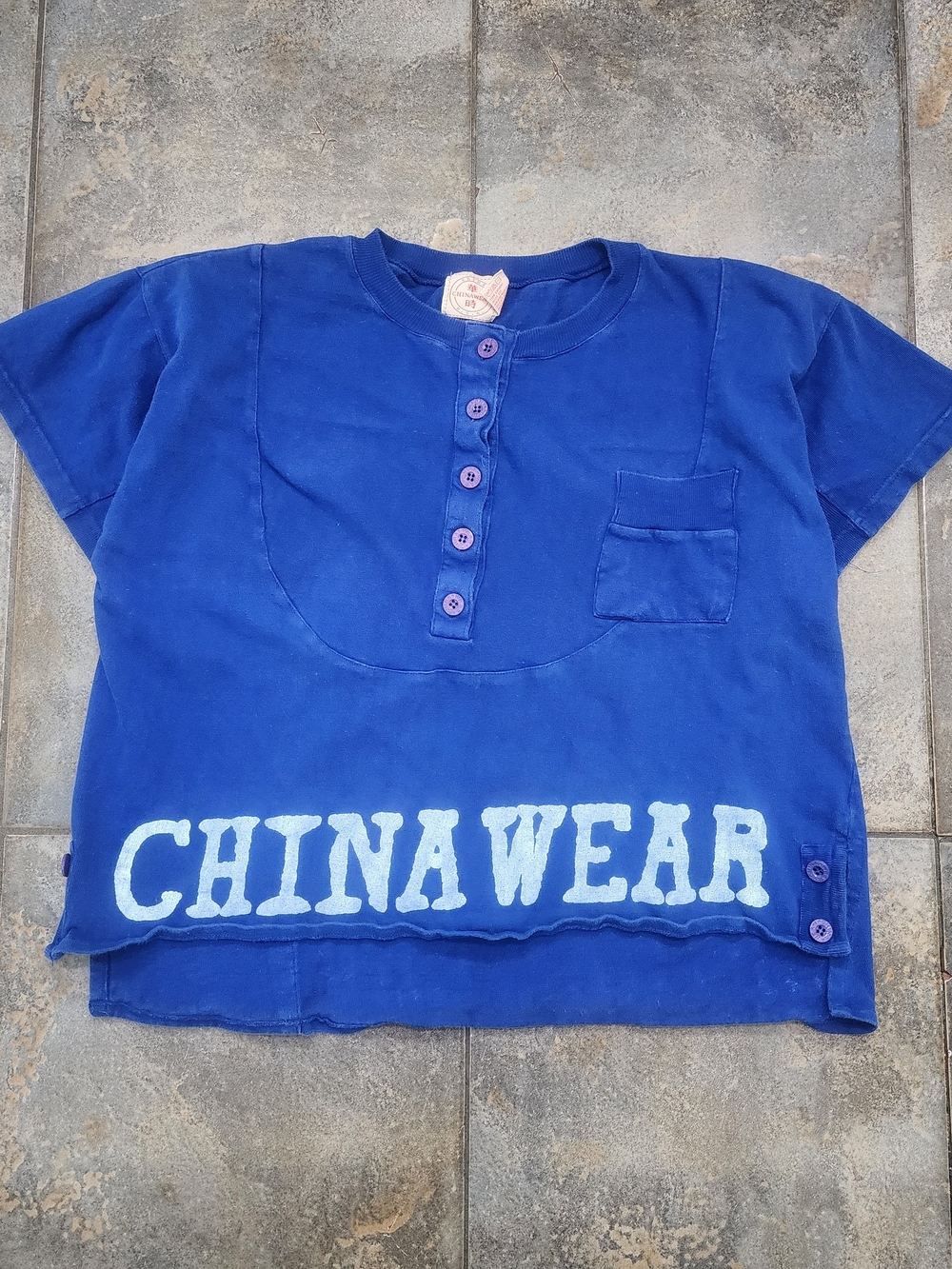 Vintage Y2K Chinawear Women's Medium Henley Cropped Streetwear Pocket T Shirt